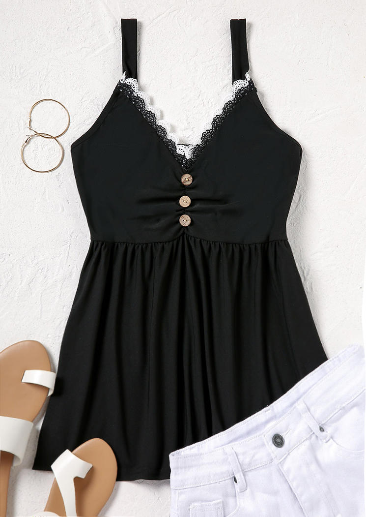 Lace Splicing Ruched Button Camisole - Black