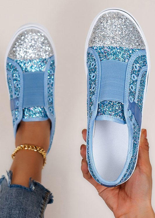 

Color Block Glitter Slip On Round Toe Flat Canvas Sneakers - Blue, SCM012573