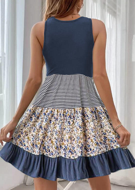 Ditsy Floral Striped Sleeveless O-Neck Mini Dress - Blue
