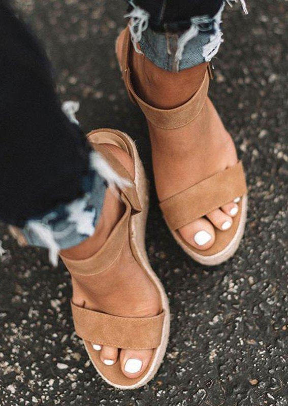 Buckle Strap Wedge Flannel Sandals - Khaki