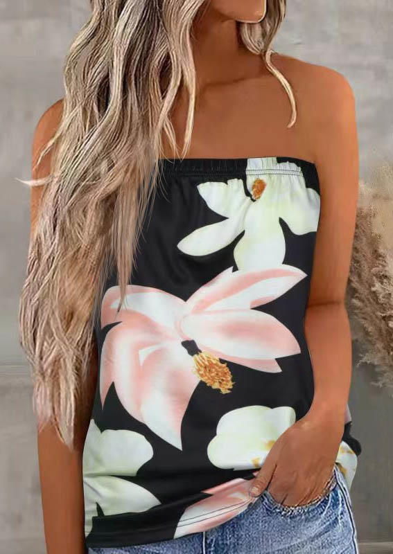 

Floral Strapless Bandeau Tank - Black, SCM012749