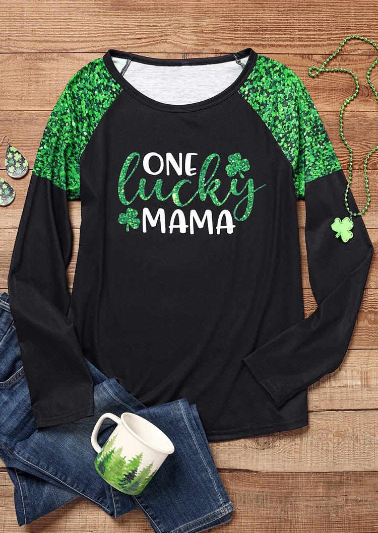 St. Patrick's Day One Lucky Mama Glitter T-Shirt Tee - Black