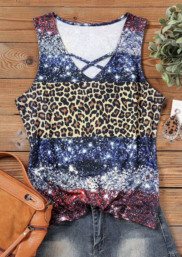 Leopard Color Block Glitter Hollow Out Tank