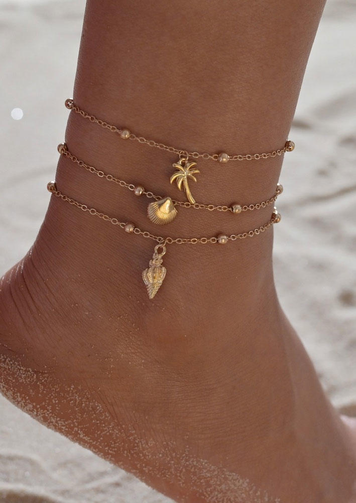 

3Pcs Bohemian Shell Coconut Tree Conch Anklet, Gold, SCM012640