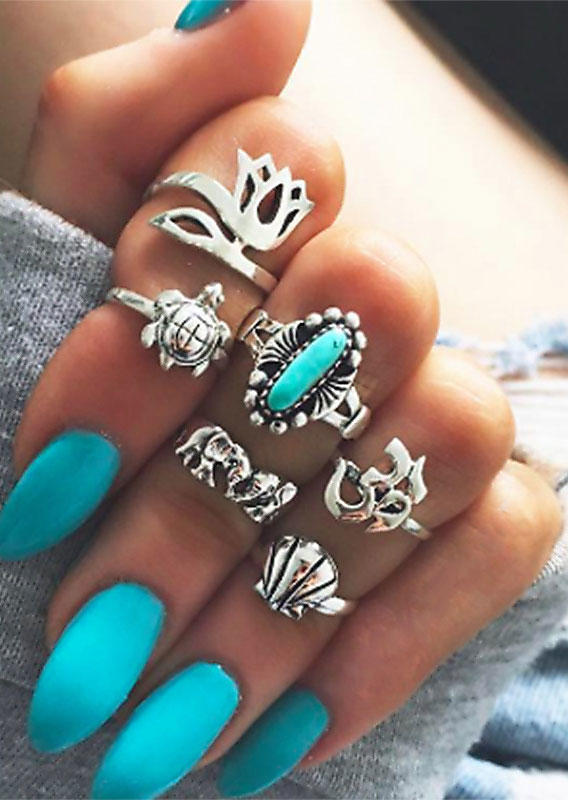 

6Pcs Bohemian Sea Turtle Turquoise Ring Set, Silver, SCM012805