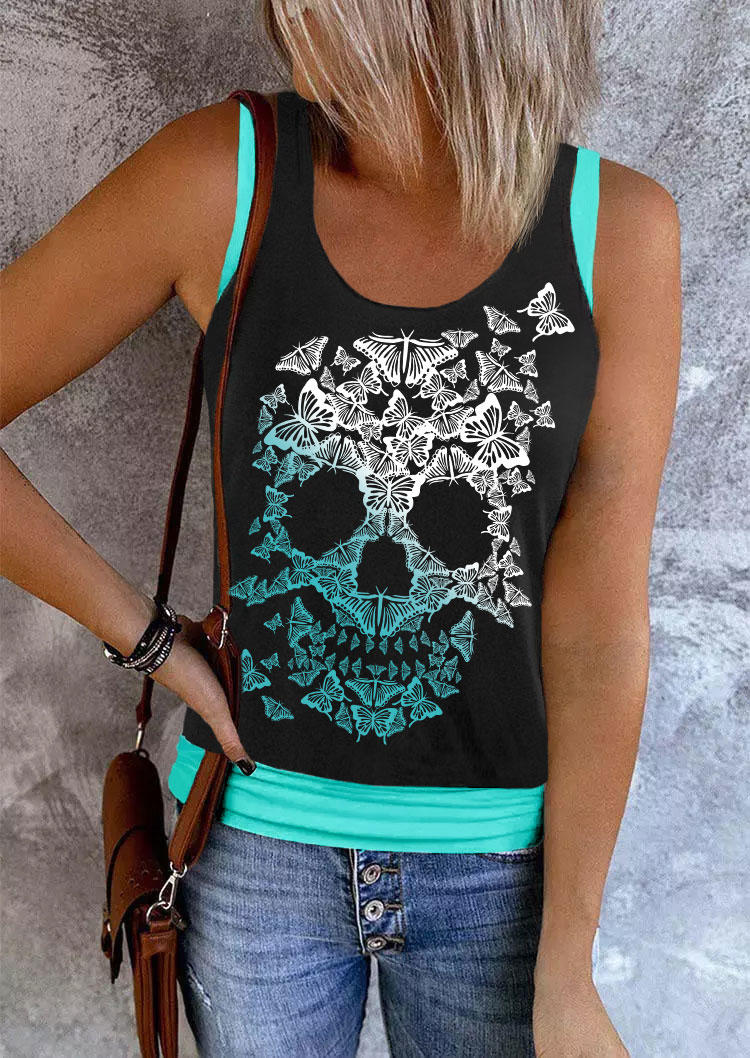 

Butterfly Skull O-Neck Fake Two-Piece Tank, Blue, SCM012943