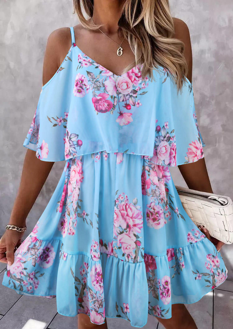 

Floral Ruffled Spaghetti Strap V-Neck Mini Dress - Blue, SCM012439