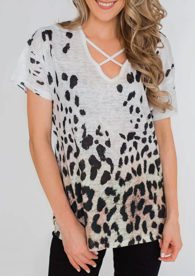 

Leopard Criss-Cross Short Sleeve Blouse, Multicolor, SCM012457