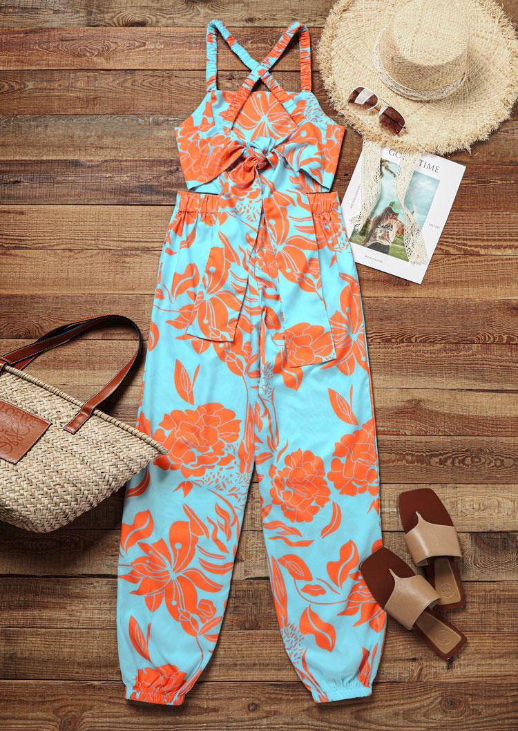 Floral Criss-Cross Pocket Tie Overall Jumpsuit