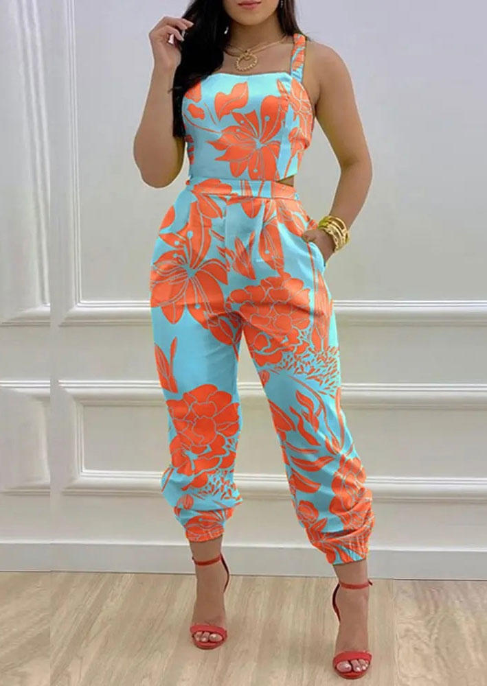 

Floral Criss-Cross Pocket Tie Overall Jumpsuit, Multicolor, SCM012741