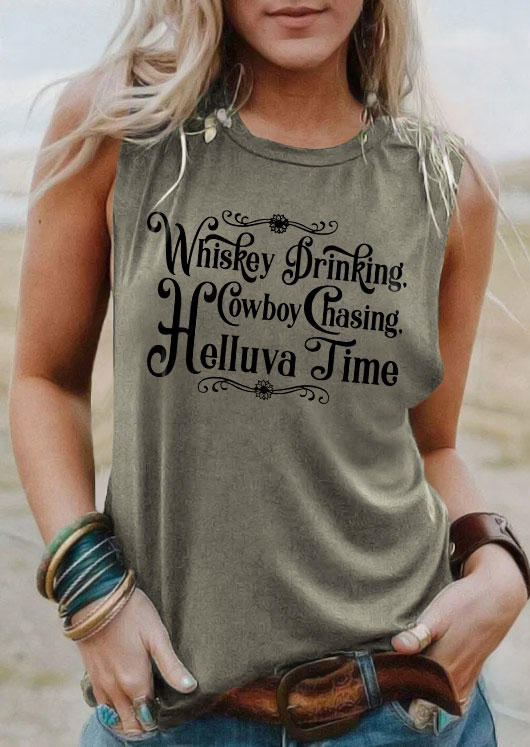 Whiskey Drinking Cowboy Chasing Helluva Time Tank - Army Green