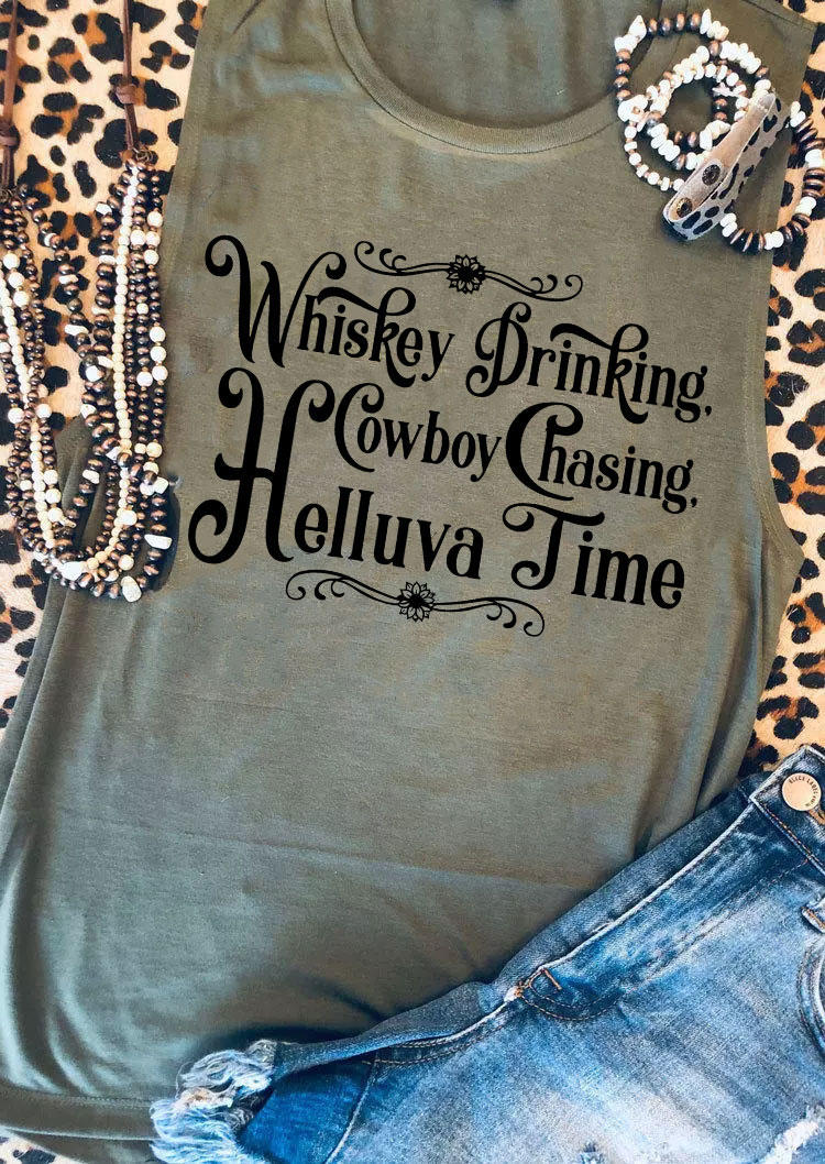

Whiskey Drinking Cowboy Chasing Helluva Time Tank - Army Green, SCM012756