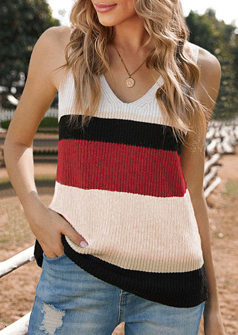 

Color Block Knitted V-Neck Tank, Multicolor, SCM012788