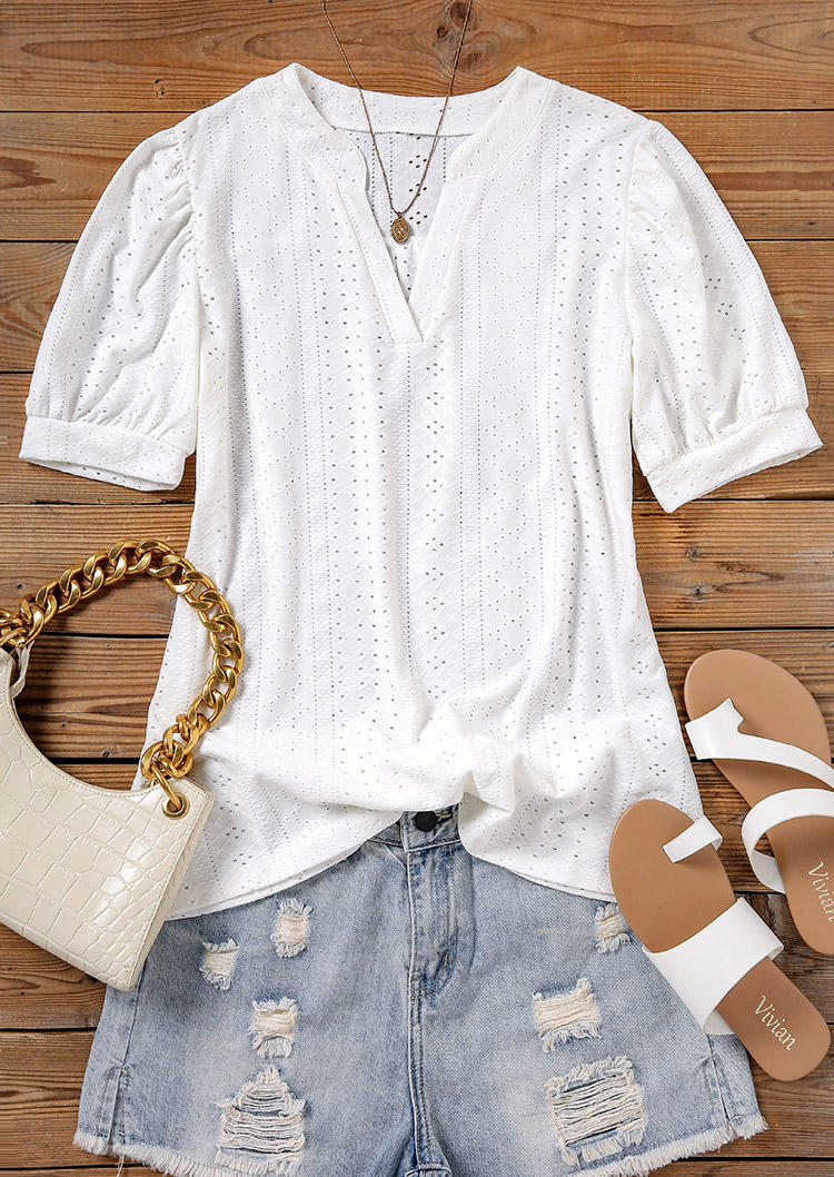 Hollow Out Short Sleeve V-Neck Blouse - White