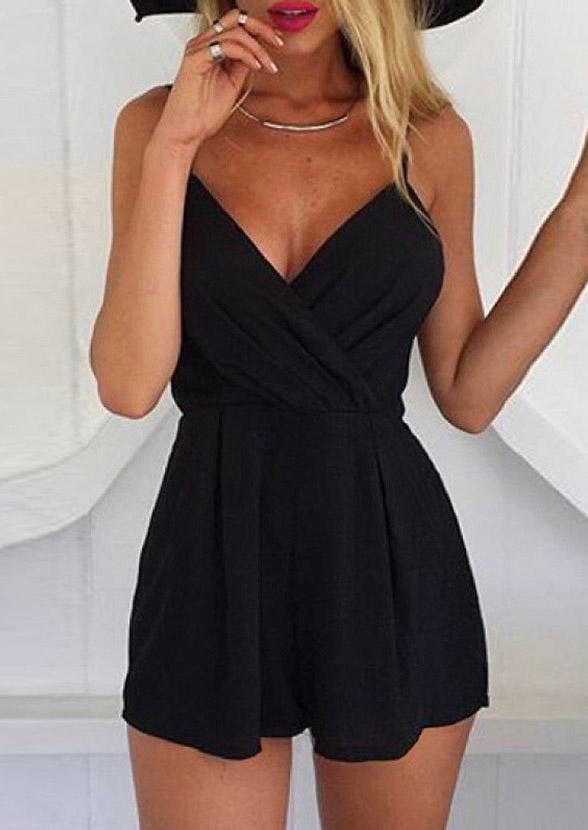 

Ruffled Open Back Spaghetti Strap Romper - Black, SCM012903