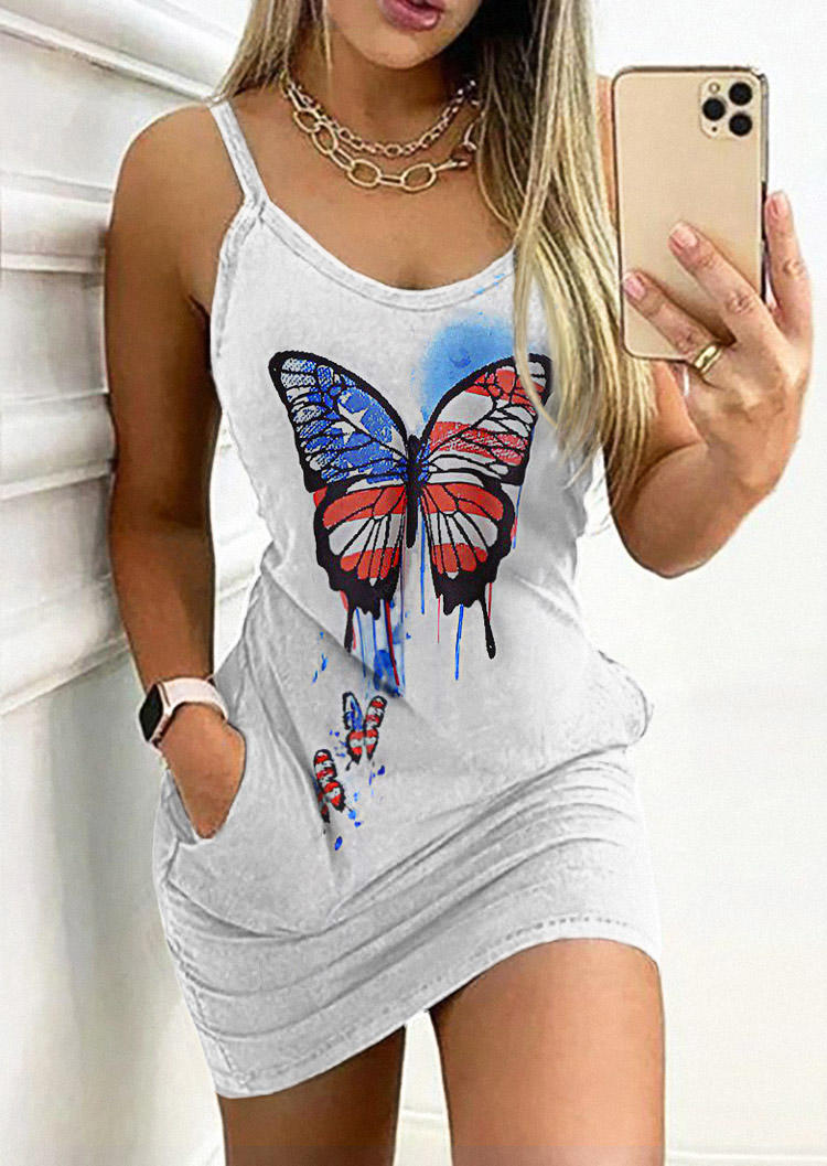 

American Flag Butterfly Pocket Mini Dress - Light Grey, Gray, SCM013016