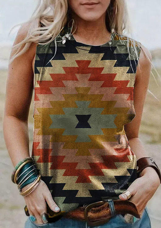 

Aztec Geometric Vintage O-Neck Tank, Multicolor, SCM012509
