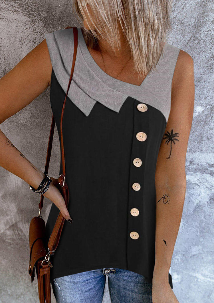 

Color Block Button Irregular Collar Tank - Black, SCM012588