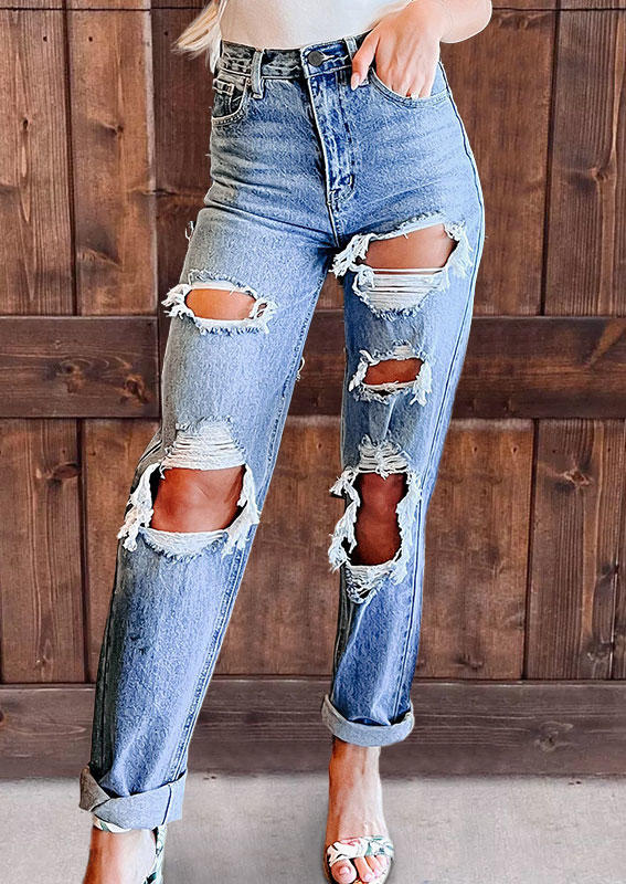 

Ripped Hole Pocket High Waist Denim Jeans - Blue, SCM011599