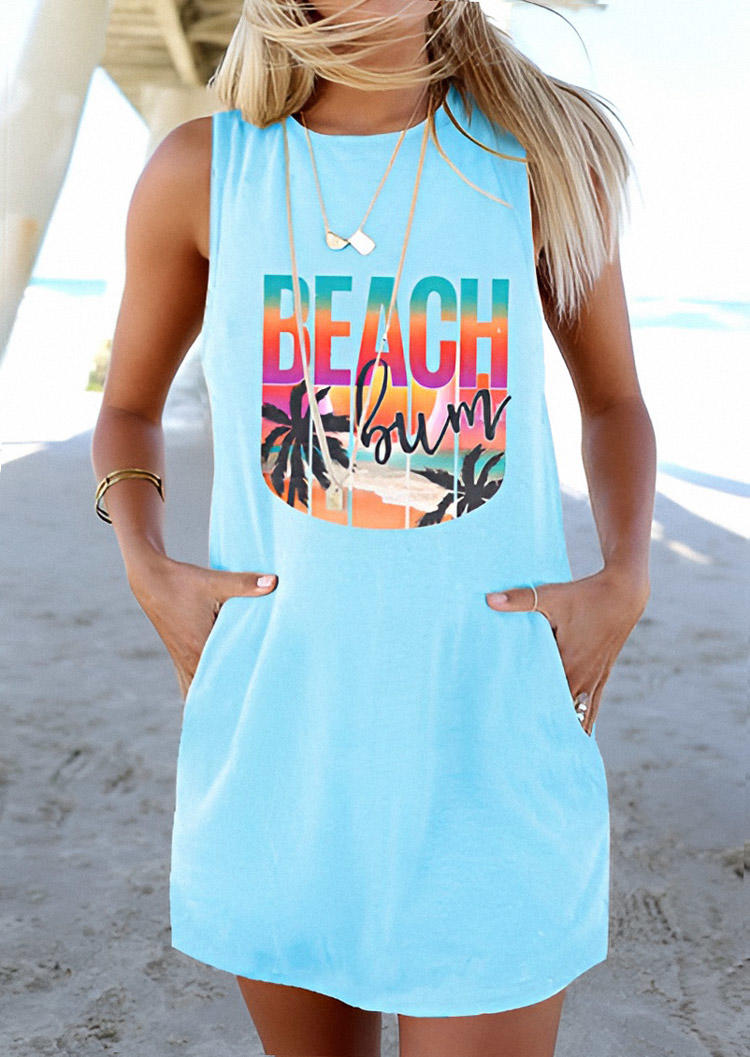 

Beach Bum Coconut Tree Pocket Sleeveless Mini Dress - Lake Blue, SCM012636