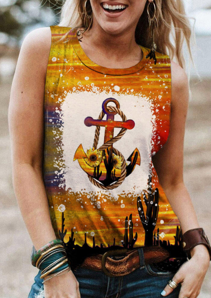 

Sunflower Cactus Anchor Bleached O-Neck Tank, Multicolor, SCM012662