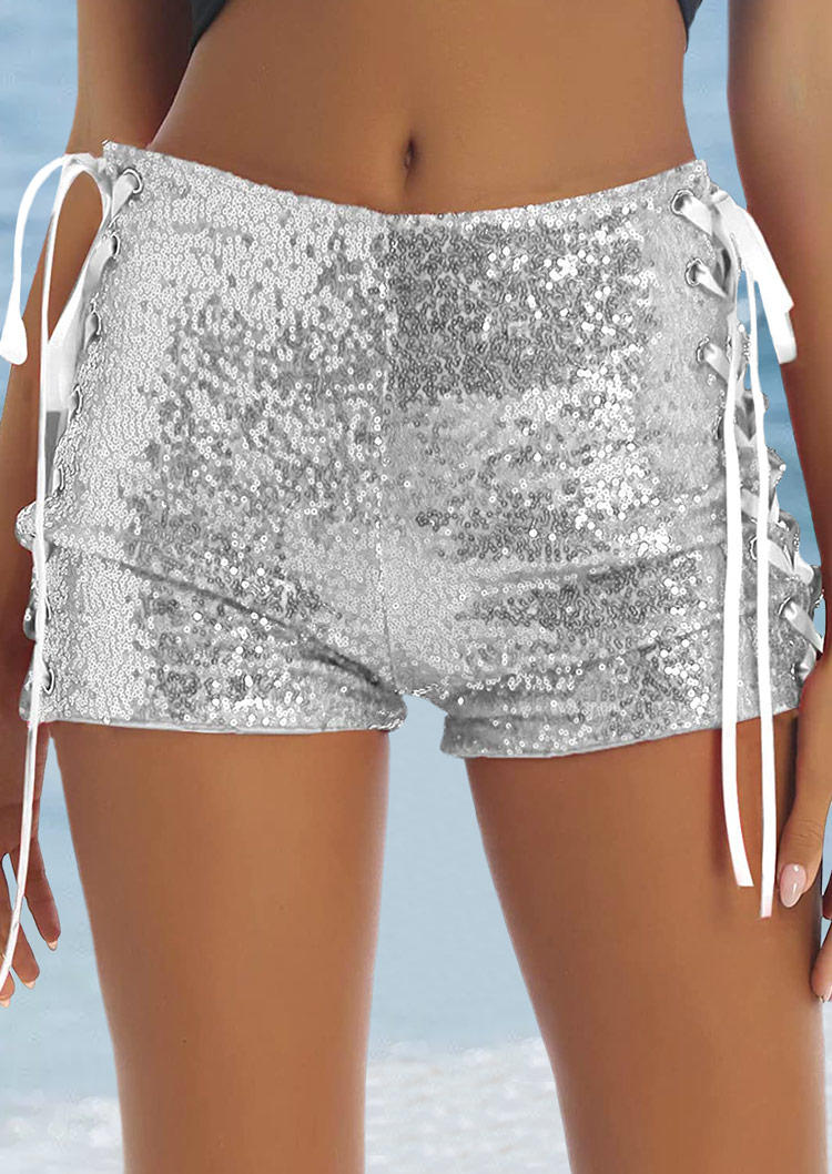 

Glitter Lace Up Trendy Shorts - Silver, SCM012880