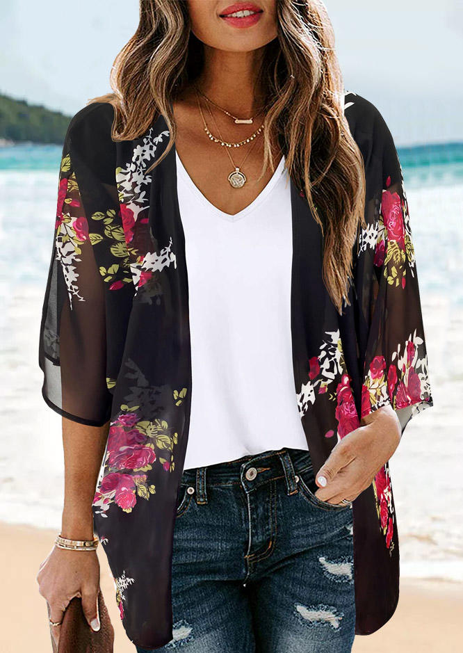 

Floral Open Front Cardigan - Black, SCM011671