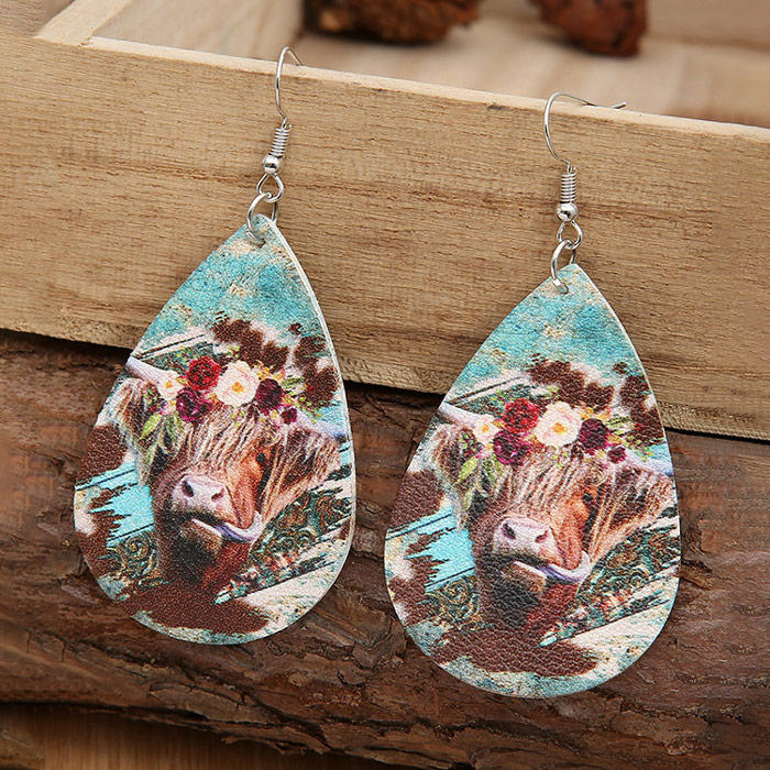 Highland Cattle Floral Water Drop Earrings