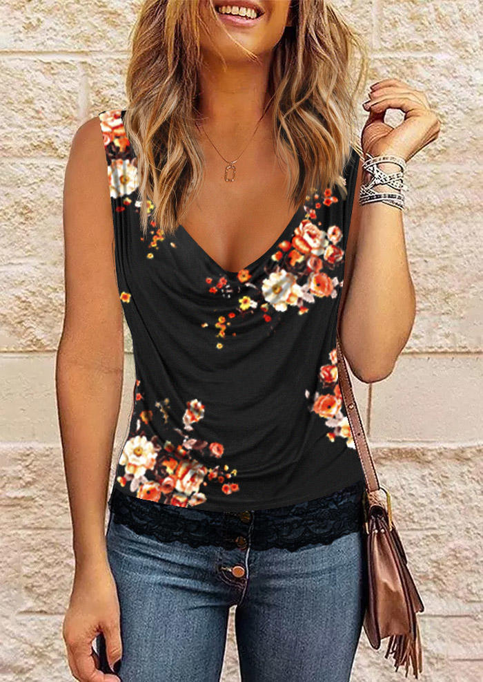 

Floral Lace Splicing Cowl Neck Tank - Black, SCM012511