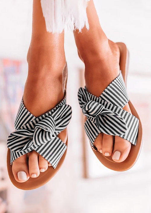 Striped Bowknot Round Toe Flat Casual Slippers