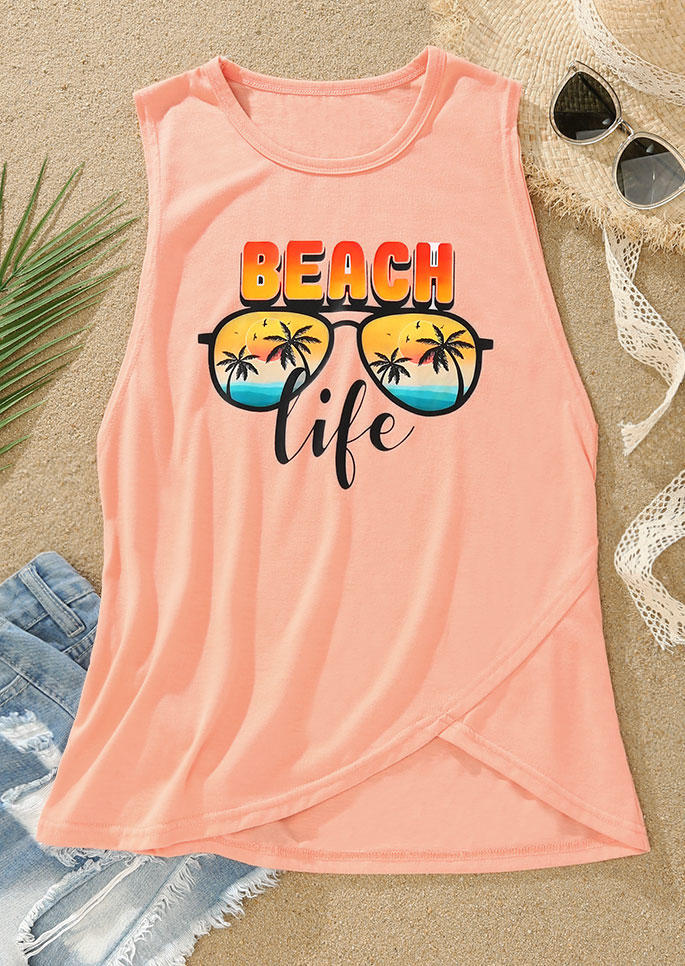 Beach Life Coconut Tree O-Neck Tank - Pink