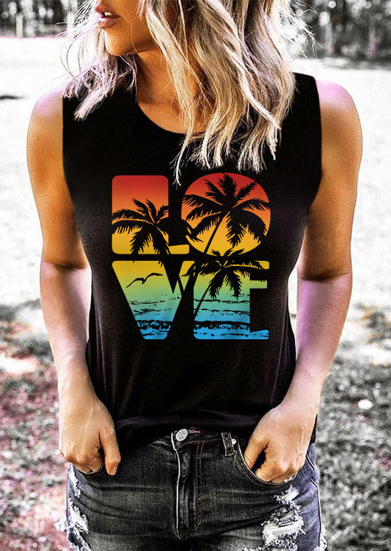 

Love Coconut Tree O-Neck Tank - Black, SCM013065