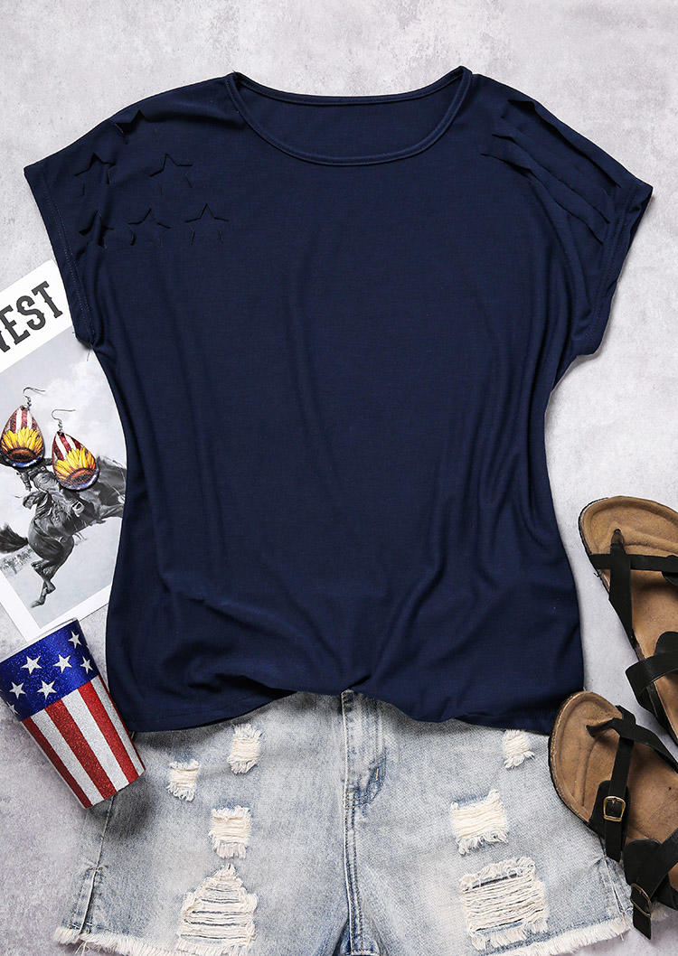 American Flag Hollow Out O-Neck Blouse