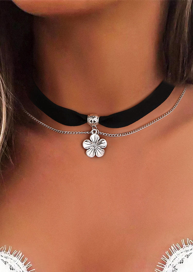 

Floral Double-Layered Choker Necklace, Black, SCM012920