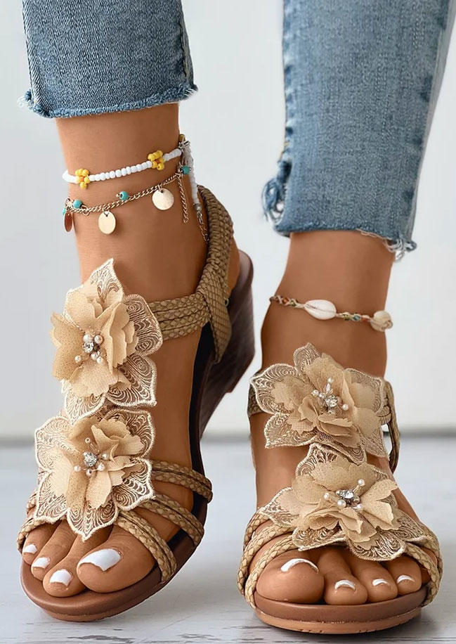 

Bohemian Floral Hollow Out Wedge Sandals - Apricot, SCM012975