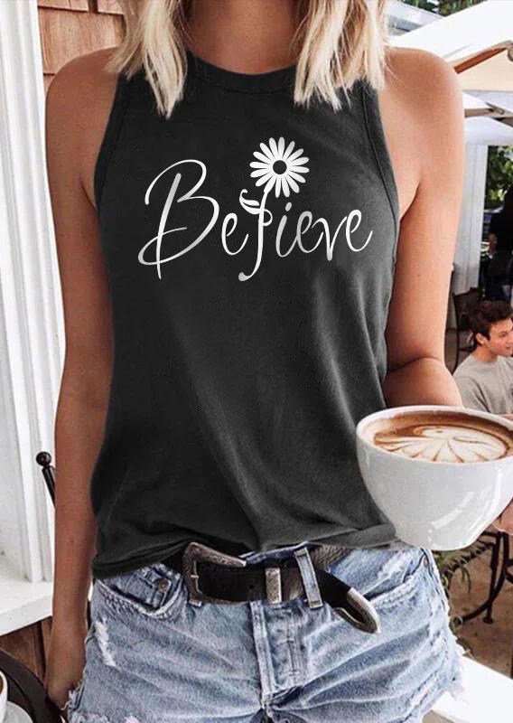 

Believe Floral O-Neck Tank - Dark Grey, Gray, SCM013129