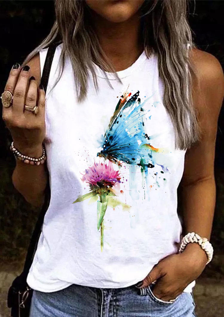 

Water Color Floral Butterfly Casual Tank - White, SCM013154