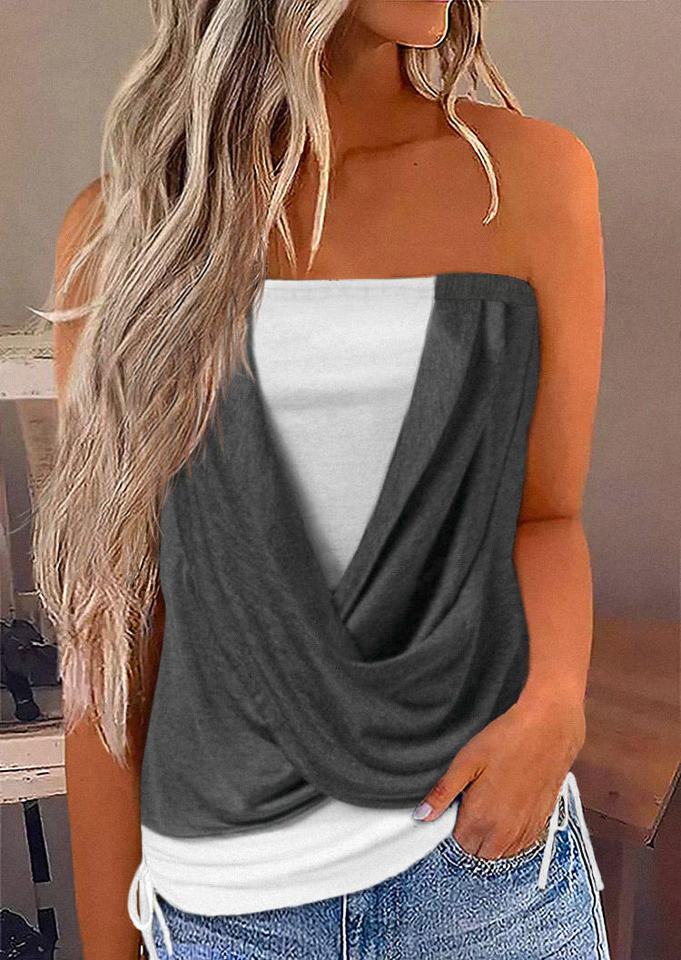 

Color Block Drawstring Fake Two-Piece Tank - Dark Grey, Gray, SCM012597