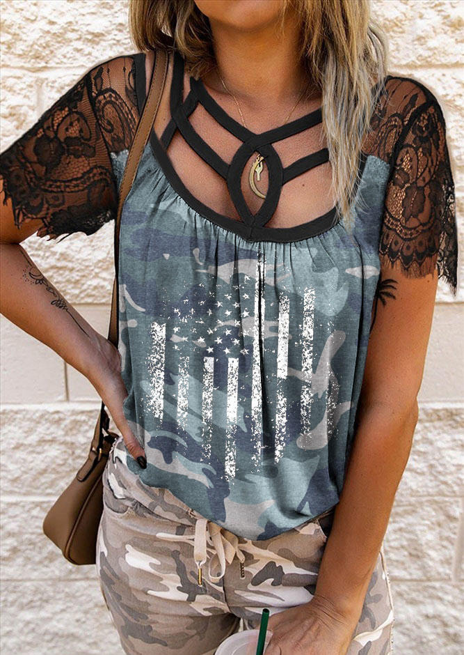 

Camouflage American Flag Lace Splicing Blouse, Multicolor, SCM012126