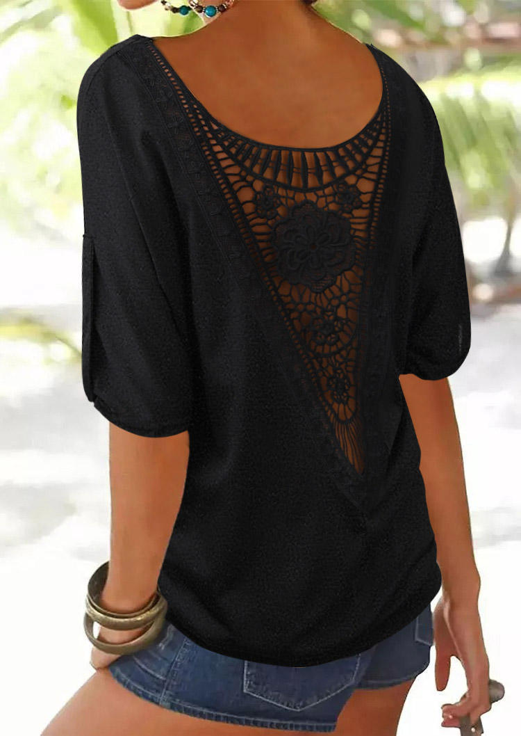 

Lace Splicing Open Back Tab-Sleeve Blouse - Black, SCM012292