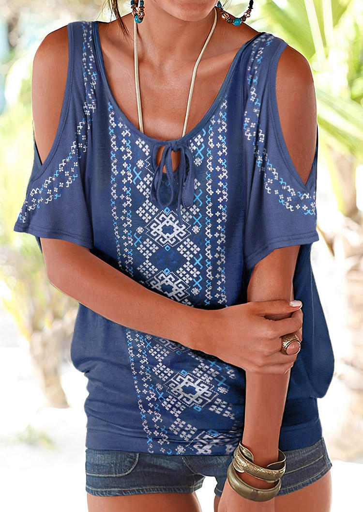 

Geometric Tie Cold Shoulder Blouse - Blue, SCM012354