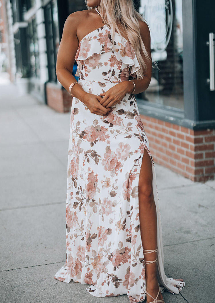 

Floral Slit Ruffled Backless Maxi Dress - White, SCM012407