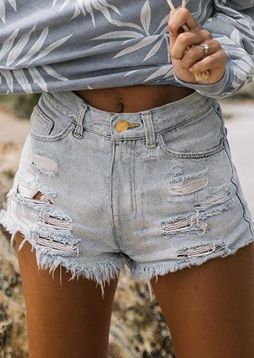 

Pocket Button Ripped Hole Denim Shorts - Light Blue, SCM012825