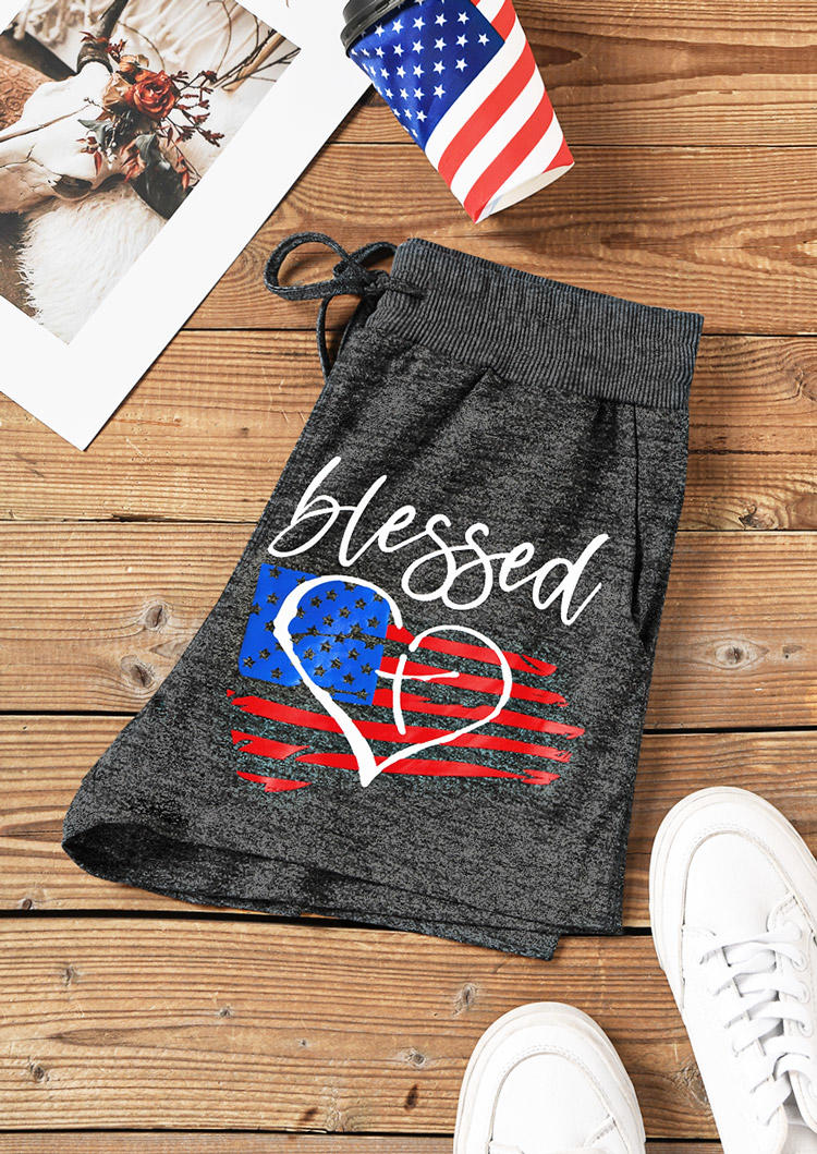 Merica Blessed American Flag Pocket Drawstring Shorts - Dark Grey