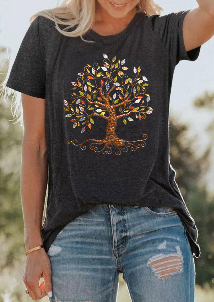 

Tree Of Life O-Neck T-Shirt Tee - Dark Grey, Gray, SCM013229