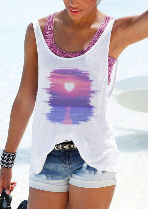 

Love Heart Sun Landscape Tank without Pink Bra - White, SCM013279