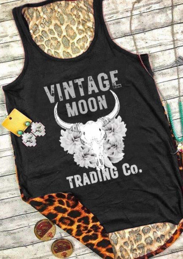 

Vintage Moon Floral Steer Skull Leopard Tank - Black, SCM012391