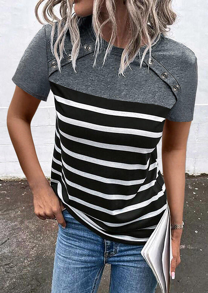 

Striped Button O-Neck Blouse, Multicolor, SCM012698
