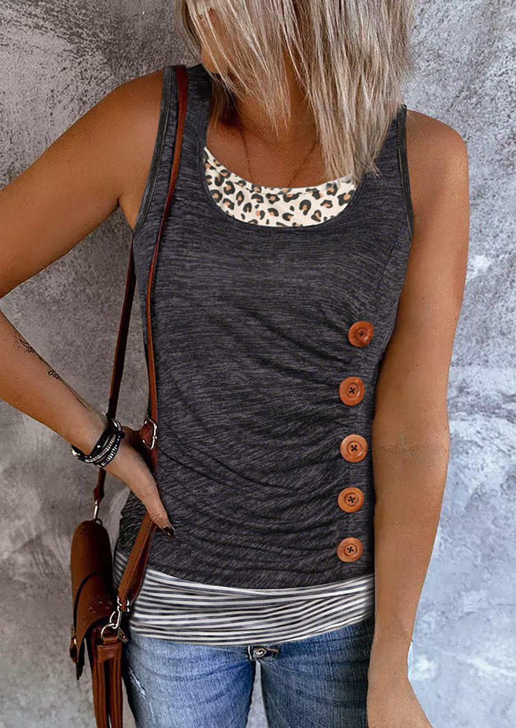 Striped Leopard Button Fake Two-Piece Tank