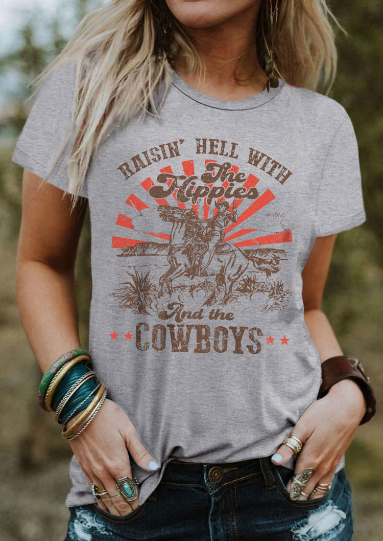 

Raisin' Hell With The Hippies And The Cowboys T-Shirt Tee - Gray, SCM013286